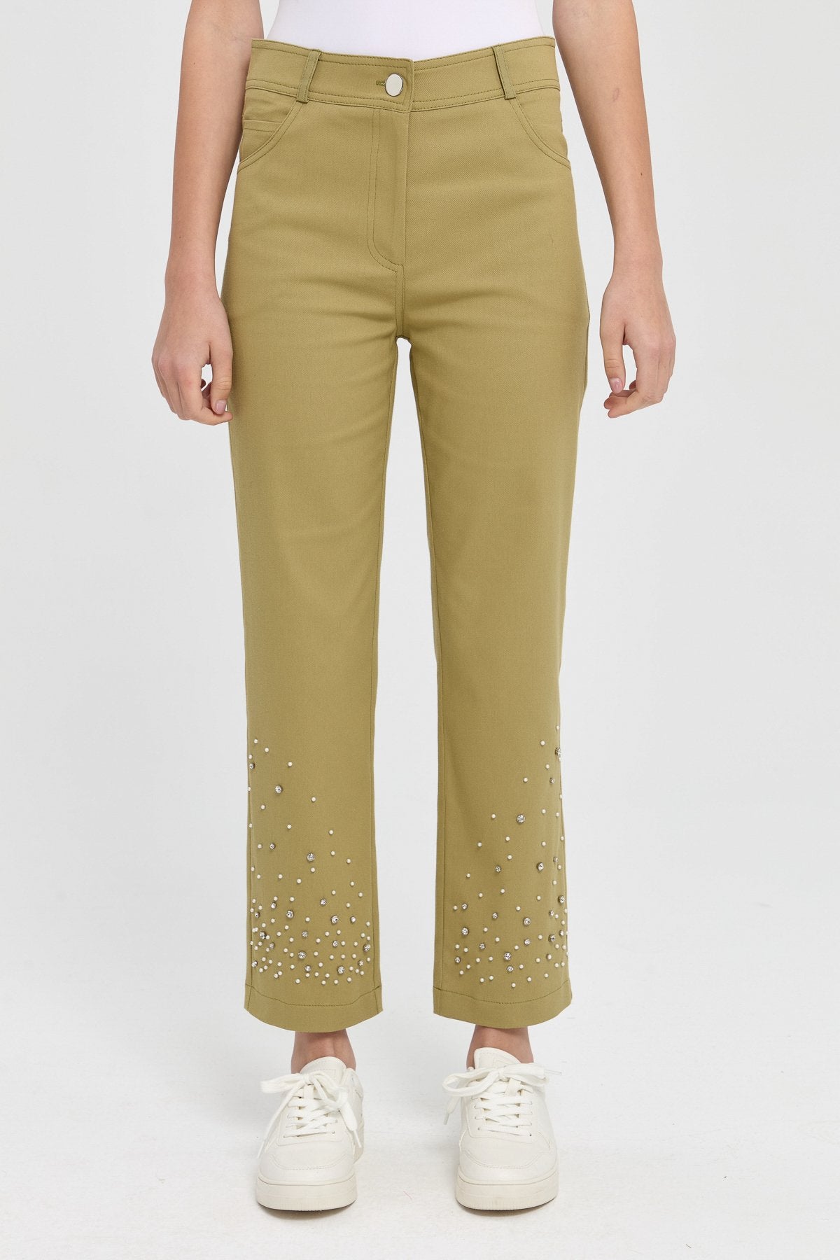 Paçası Taşlı Kanvas Pantolon - Olive