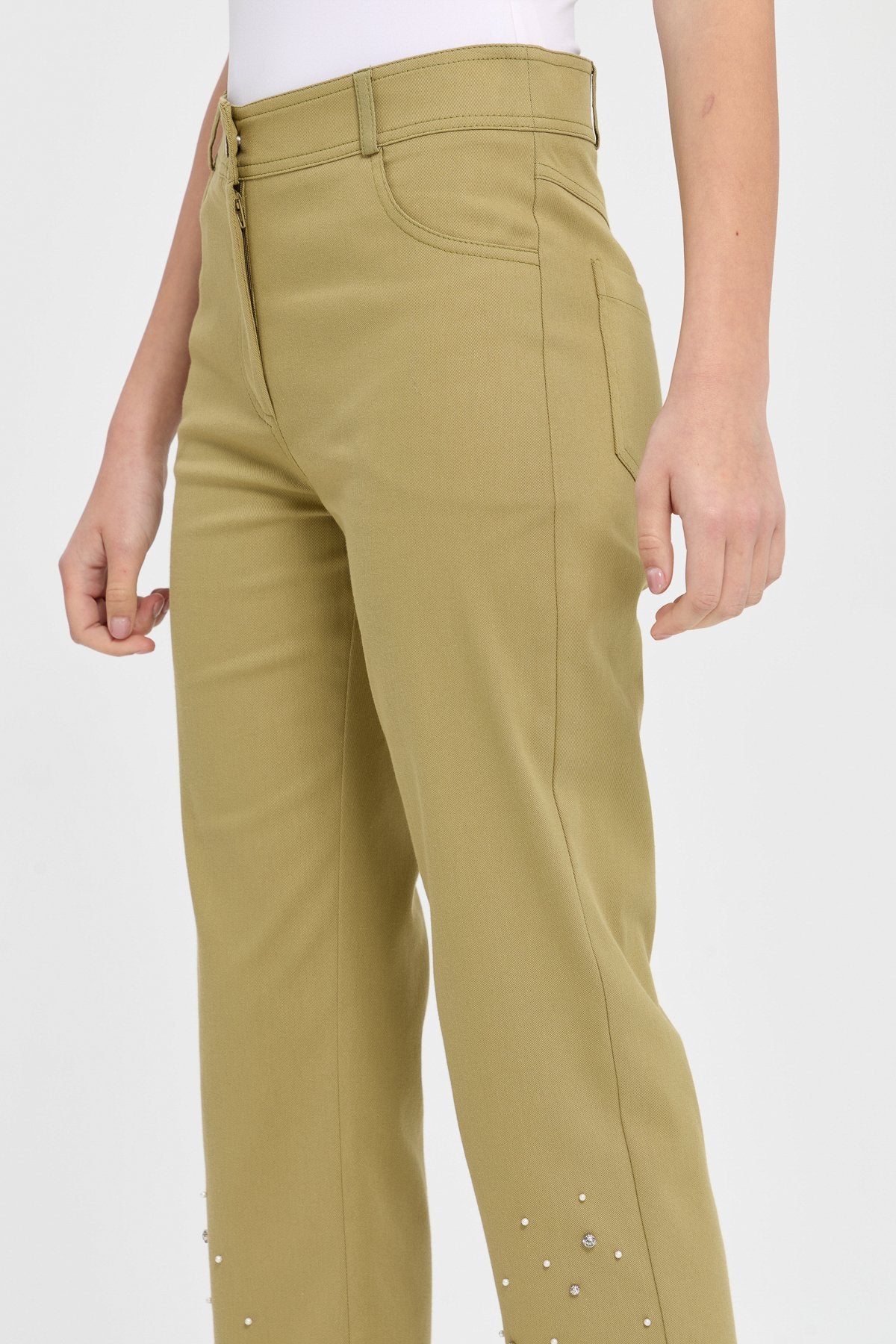 Paçası Taşlı Kanvas Pantolon - Olive