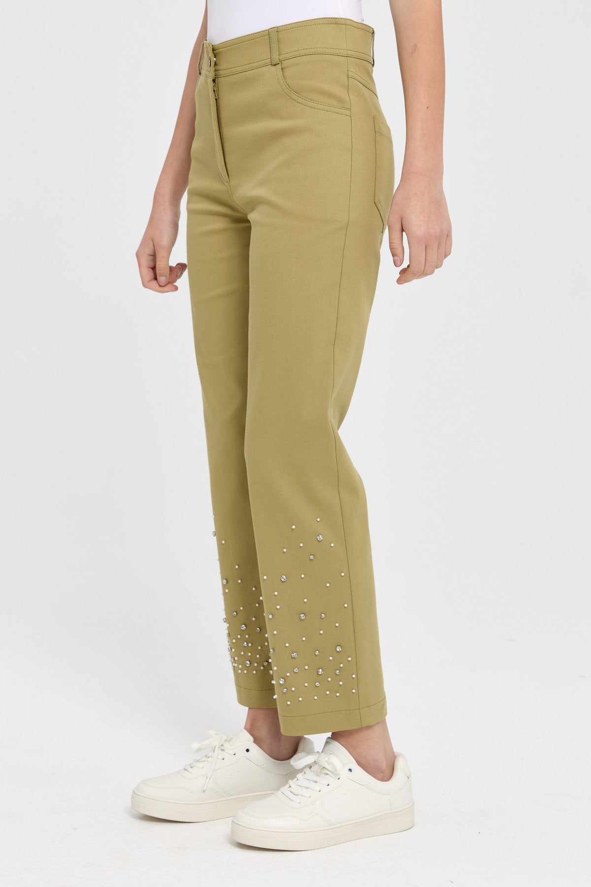 Paçası Taşlı Kanvas Pantolon - Olive