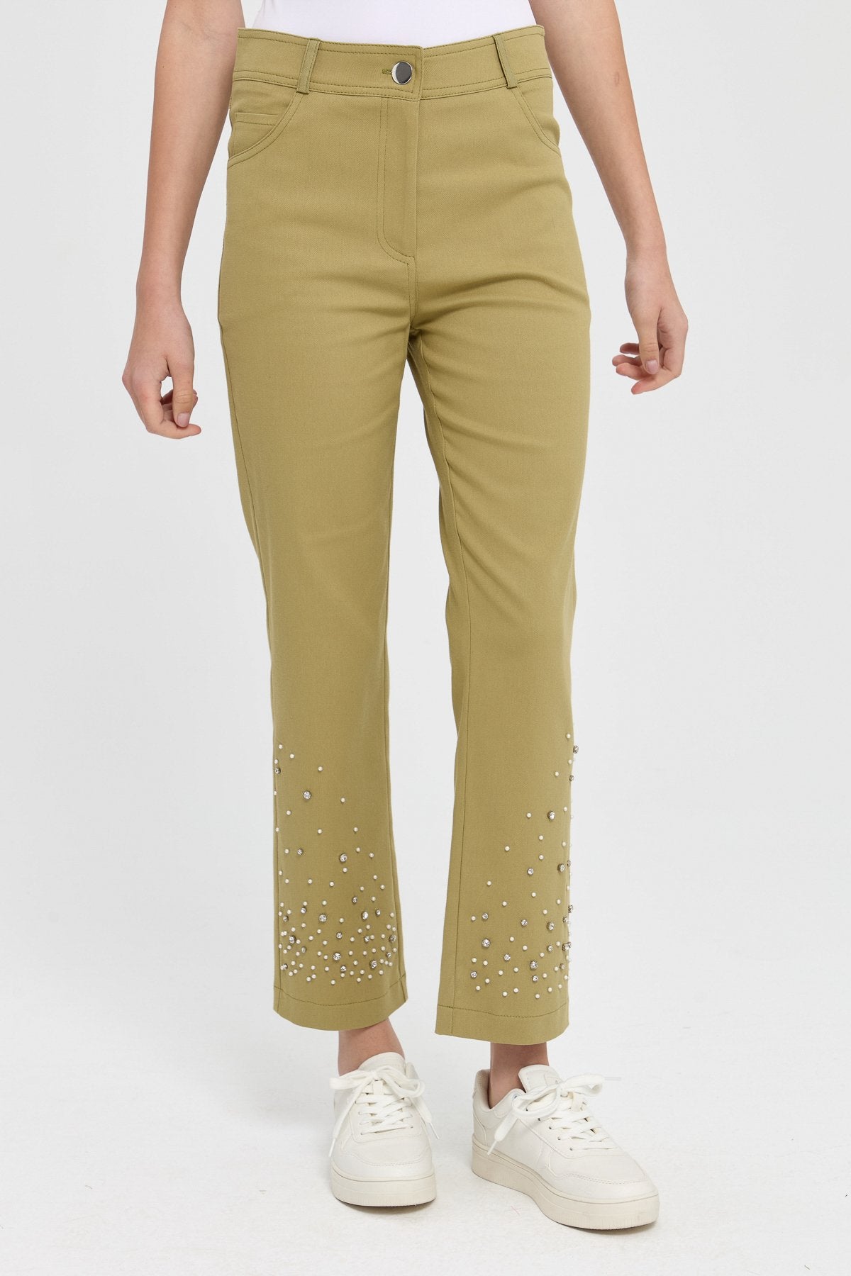 Paçası Taşlı Kanvas Pantolon - Olive