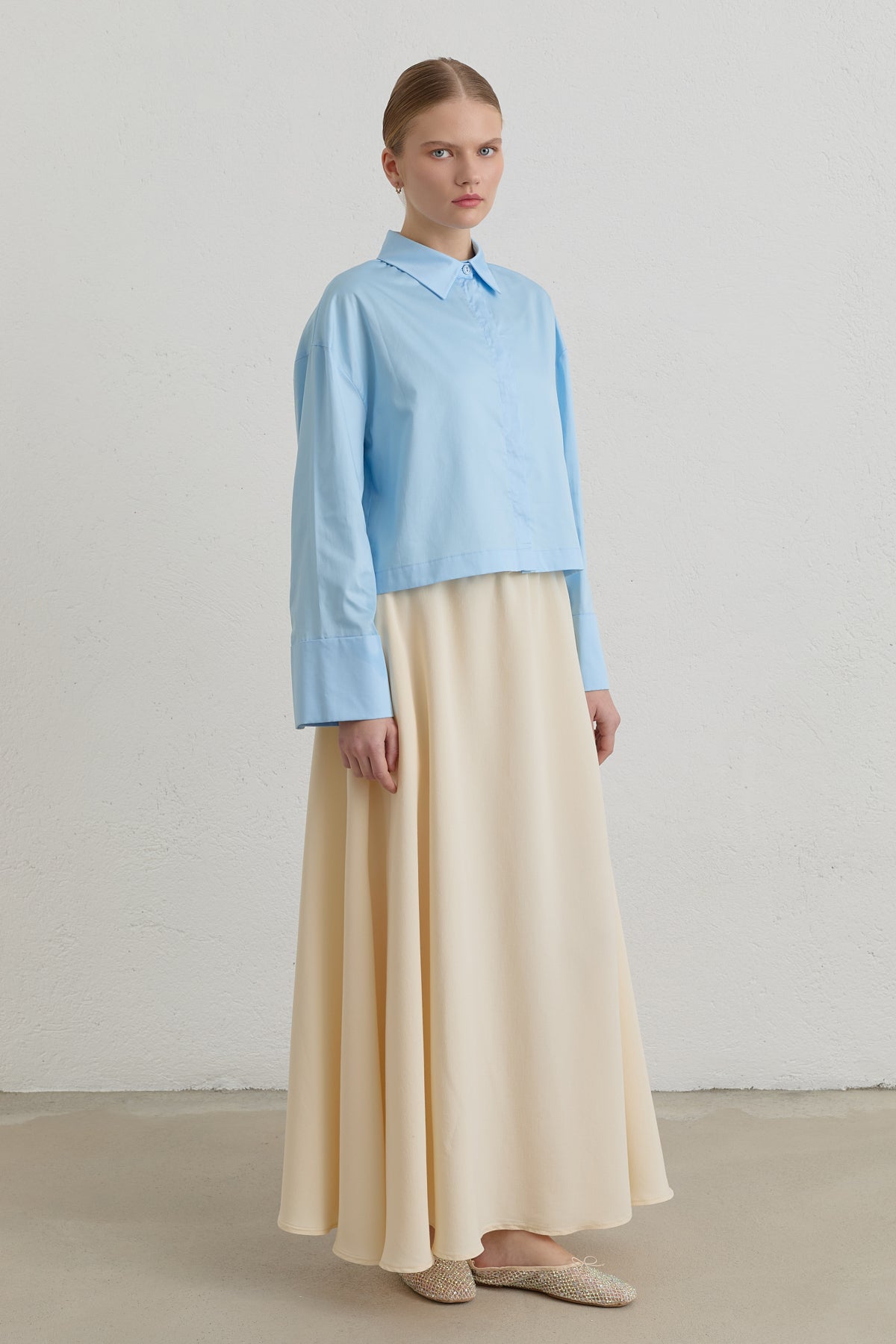 Cotton Basic Crop Shirt - Light Blue