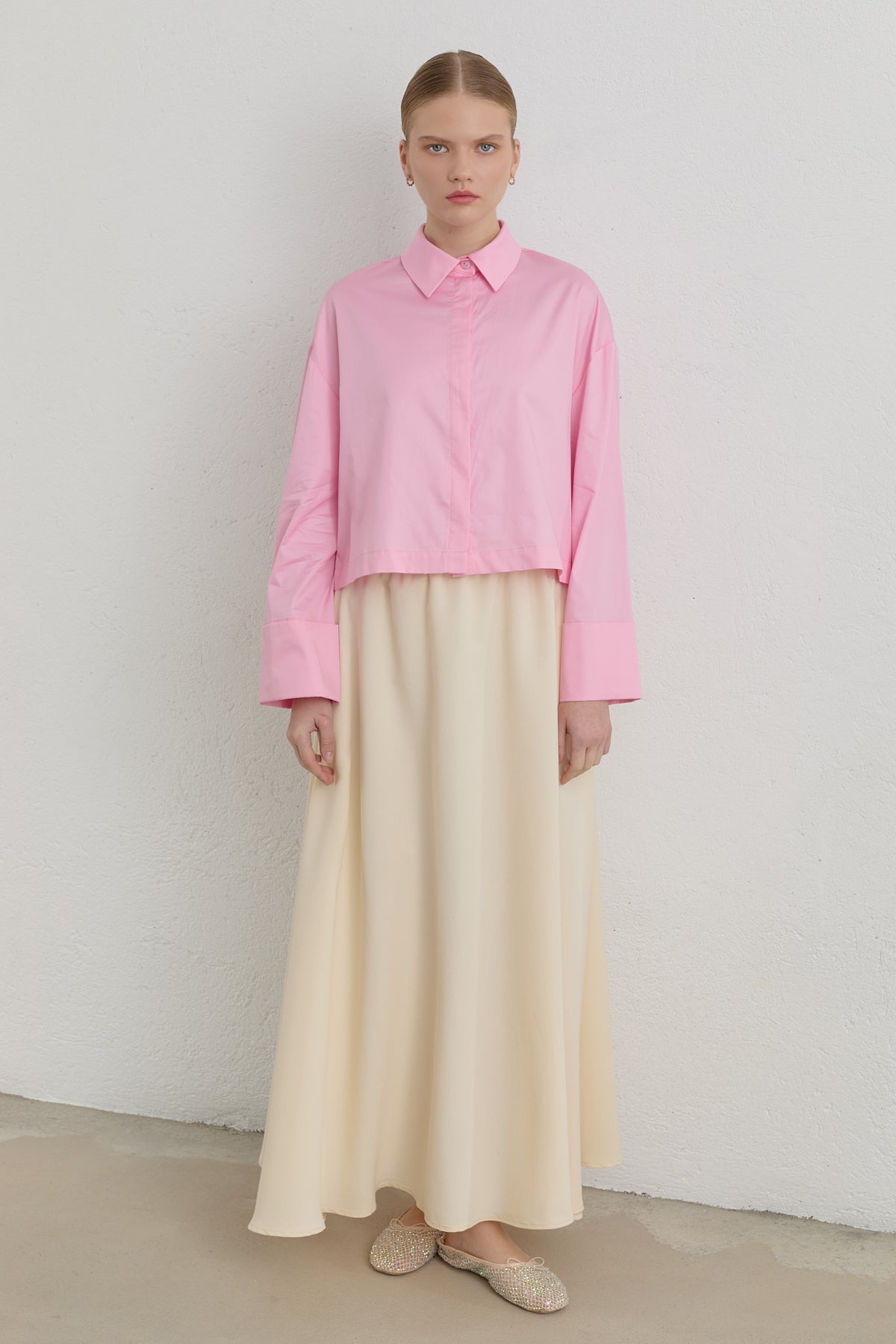 Pamuk Crop Basic Gömlek - Pembe