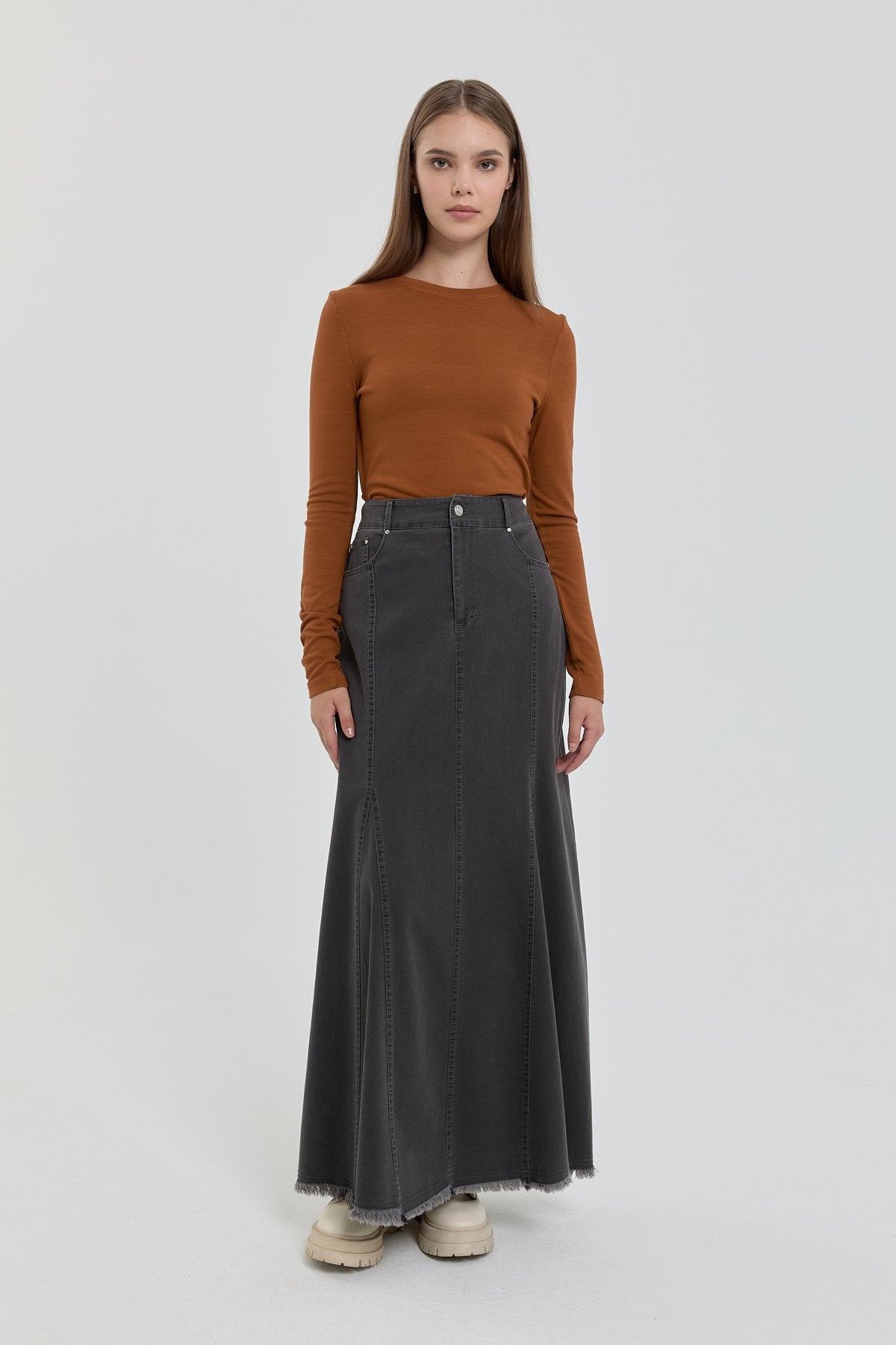 Parçalı Denim Etek - Füme