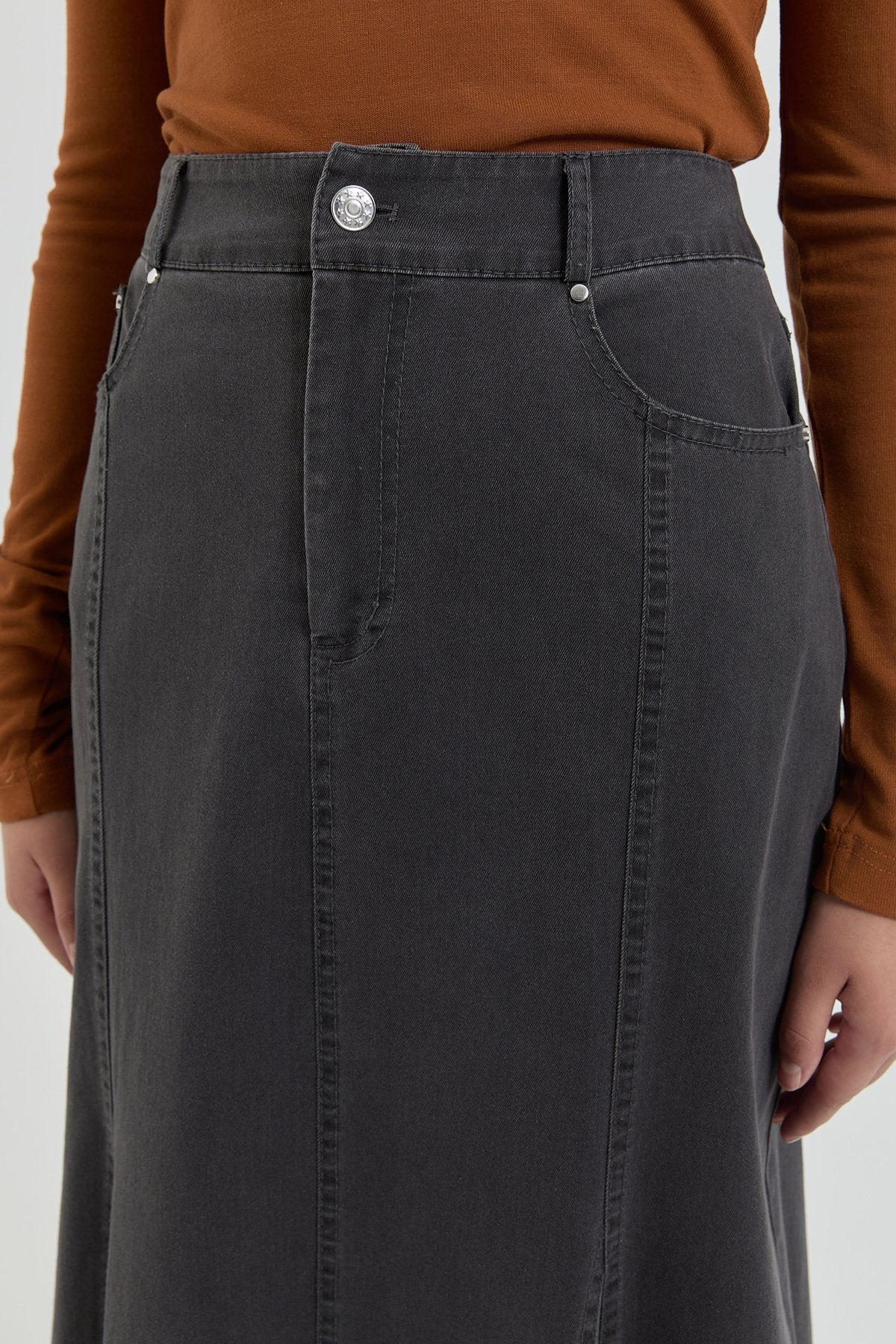 Parçalı Denim Etek - Füme