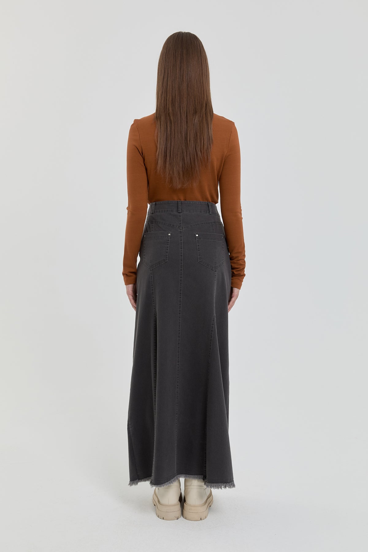Parçalı Denim Etek - Füme