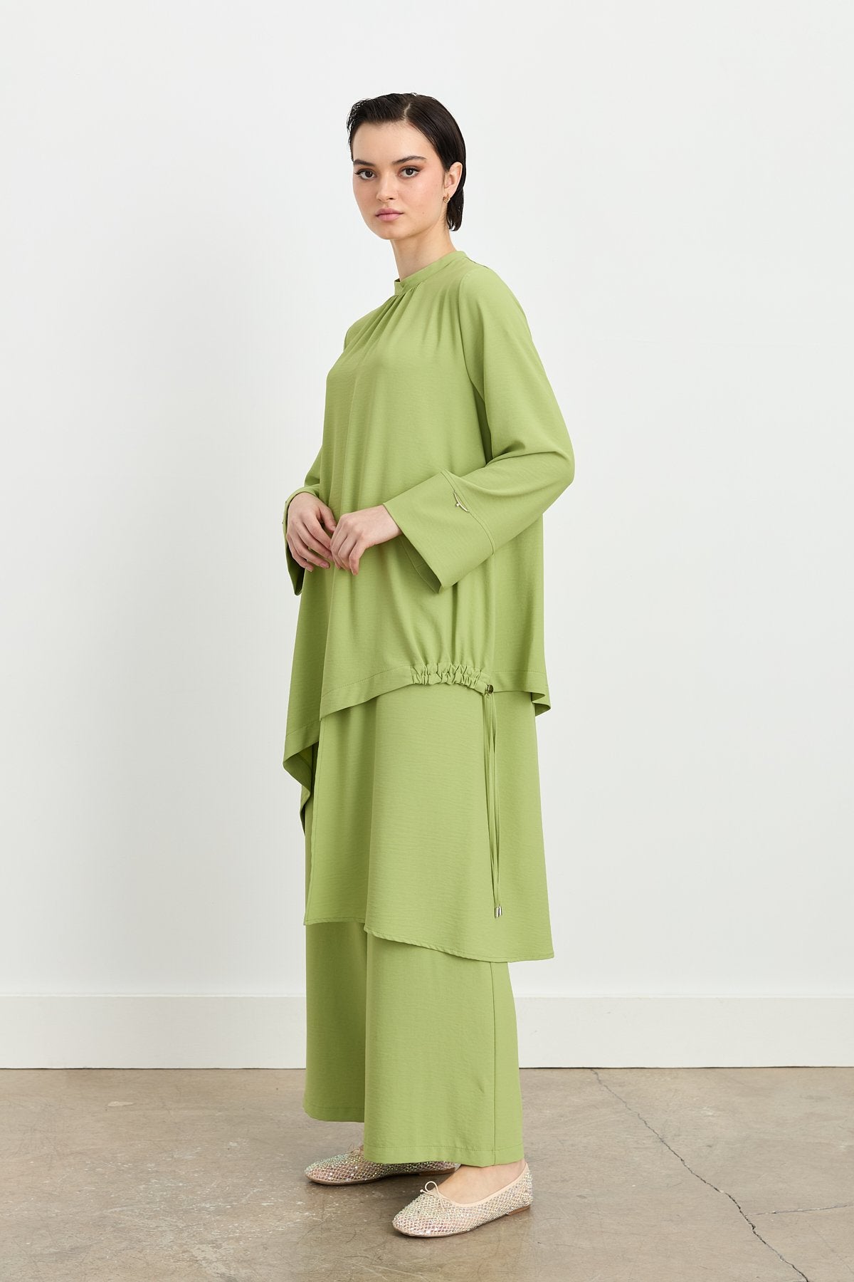 Patchwork Stripe Detail Pants and Tunic Set - Apple Green