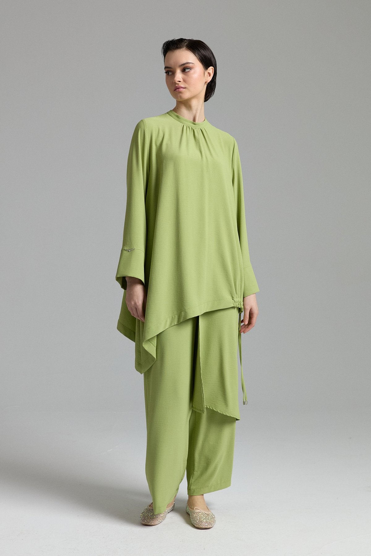 Patchwork Stripe Detail Pants and Tunic Set - Apple Green