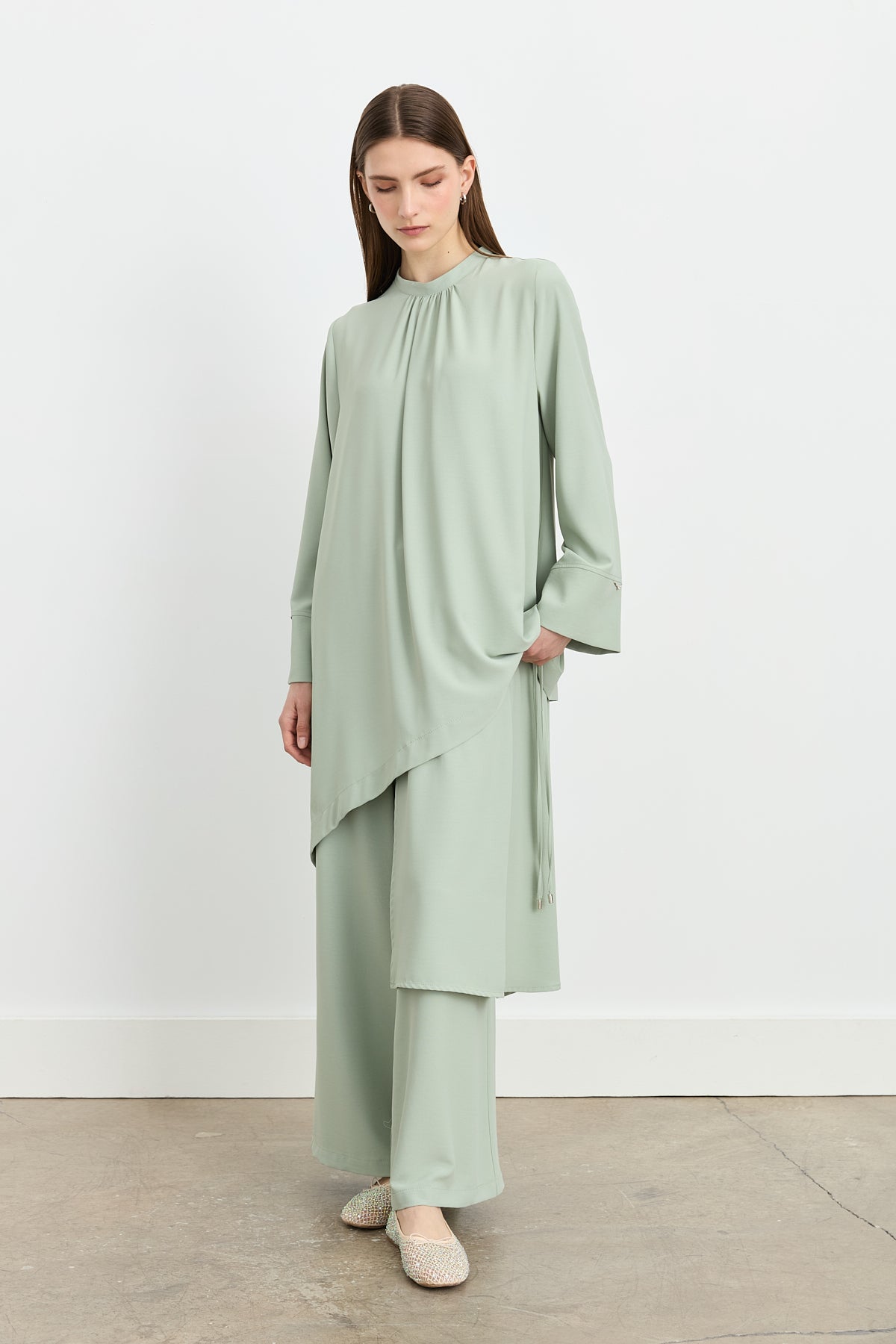 Parçalı Şerit Detaylı Pantolon Tunik Takım - Mint