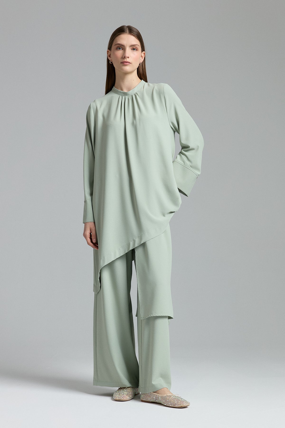 Parçalı Şerit Detaylı Pantolon Tunik Takım - Mint