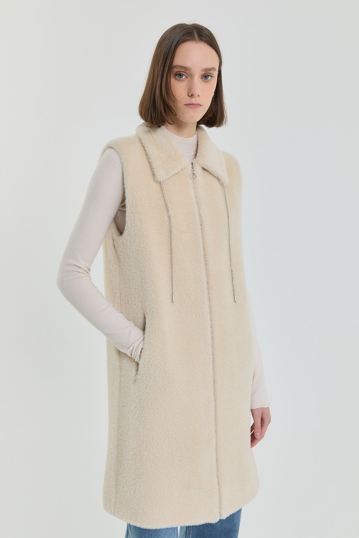 Angora Vest with Shiny Accessories - Beige