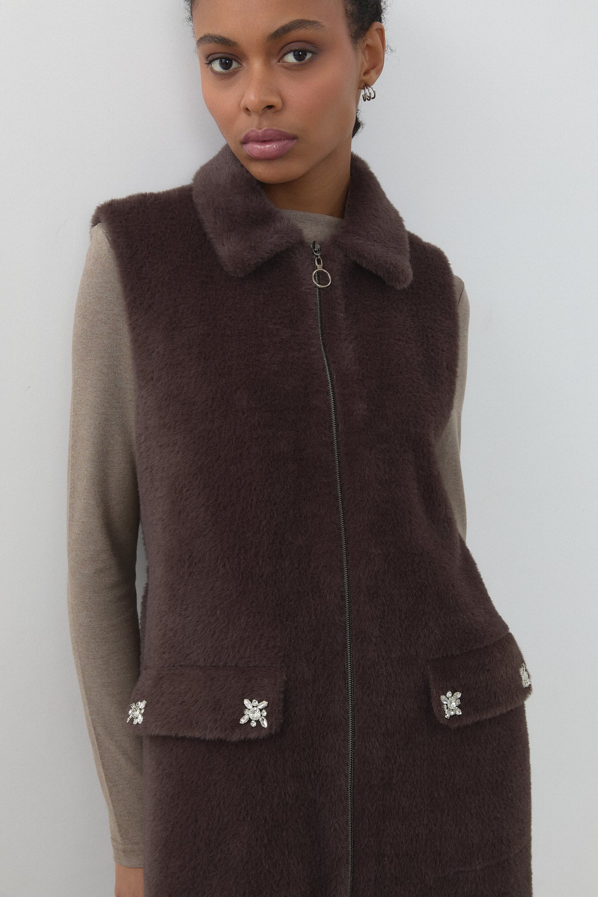 Angora Vest with Sparkling Stone Accessories - Brown