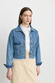 Parlak Taş Aksesuarlı Crop Kot Denim Ceket - Açık Mavi