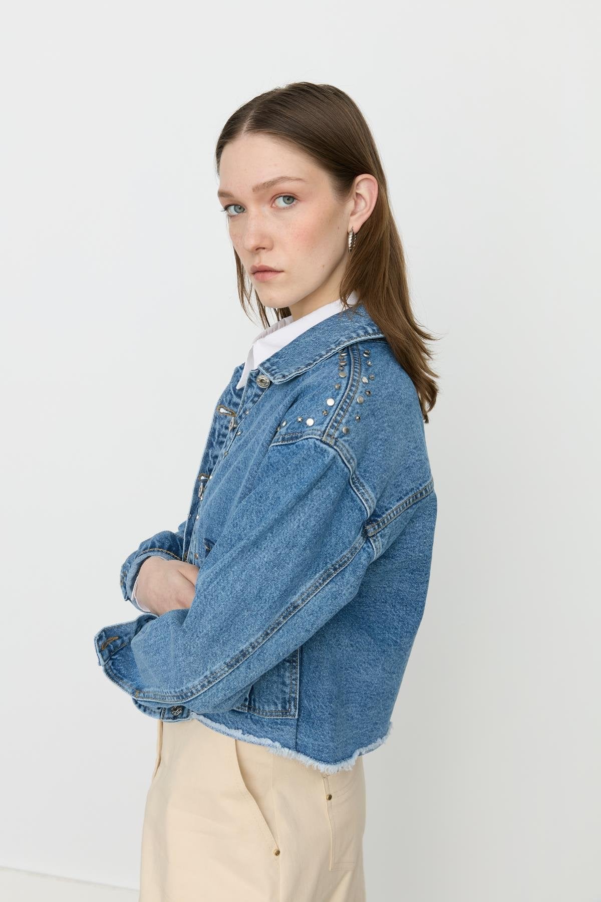 Crop Denim Jacket with Rhinestone Embellishments - Light Blue