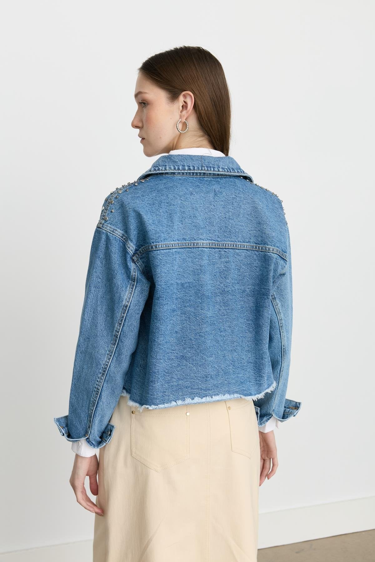 Crop Denim Jacket with Rhinestone Embellishments - Light Blue