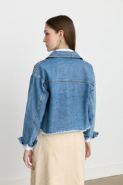 Crop Denim Jacket with Rhinestone Embellishments - Light Blue