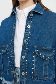 Crop Denim Jacket with Sparkling Stone Accessories - Indigo