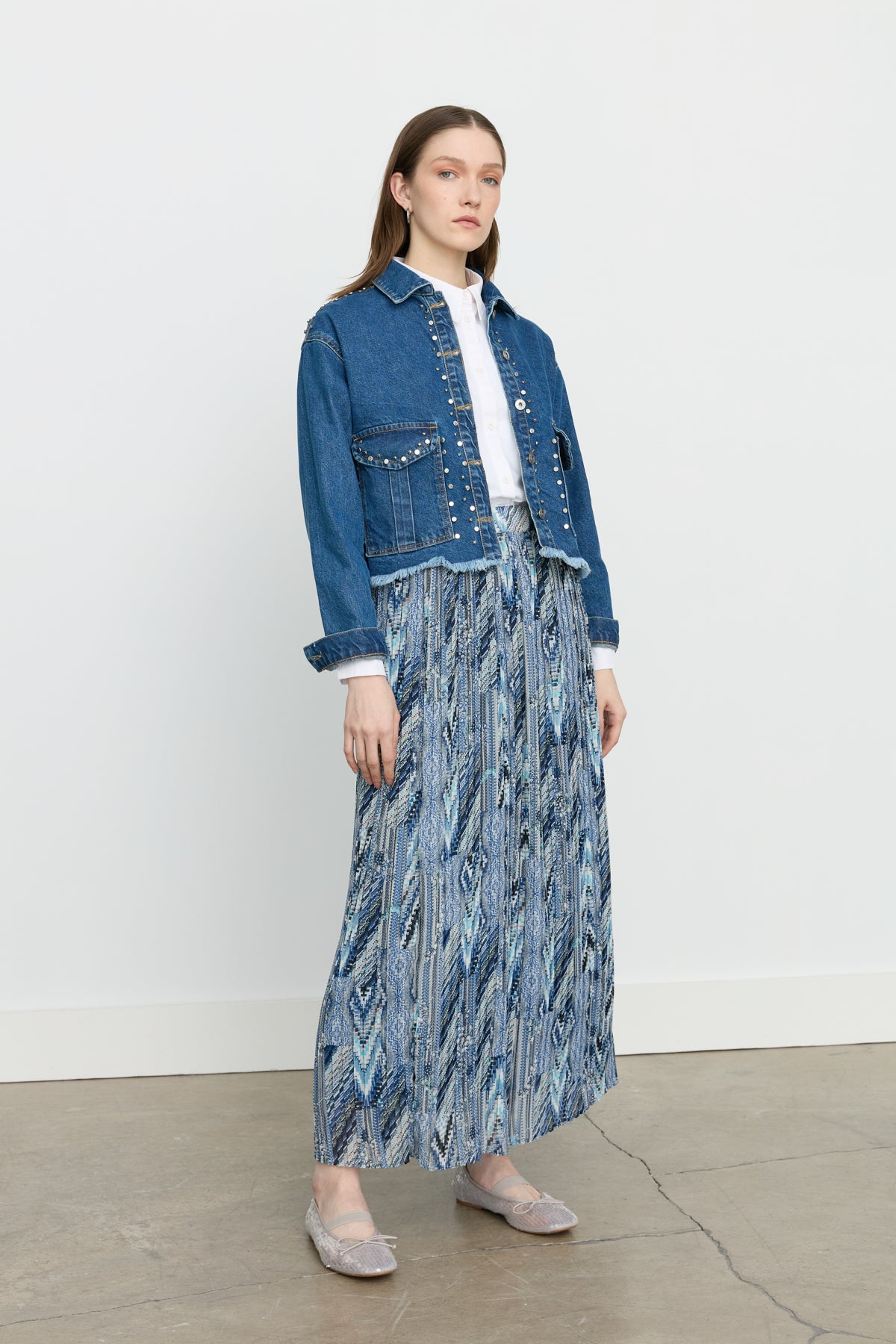 Crop Denim Jacket with Sparkling Stone Accessories - Indigo