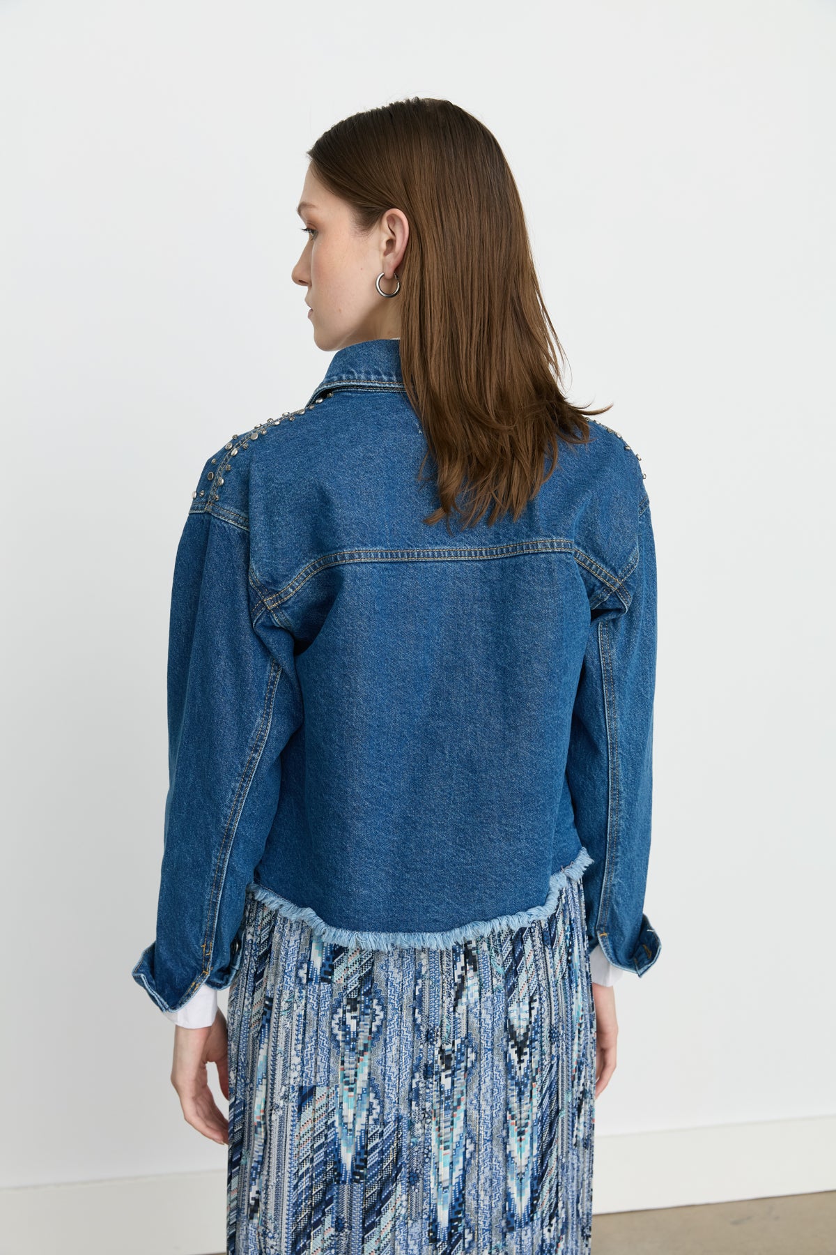 Crop Denim Jacket with Sparkling Stone Accessories - Indigo