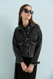 Parlak Taş Aksesuarlı Crop Kot Denim Ceket - Siyah