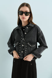 Parlak Taş Aksesuarlı Crop Kot Denim Ceket - Siyah