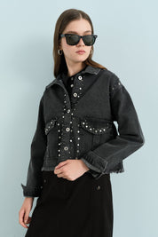 Parlak Taş Aksesuarlı Crop Kot Denim Ceket - Siyah