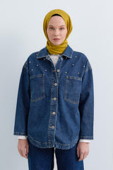 Denim Shirt Jacket with Sparkling Stone Accessories - Indigo