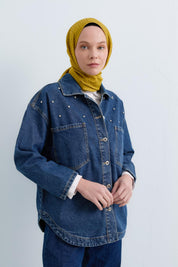 Denim Shirt Jacket with Sparkling Stone Accessories - Indigo
