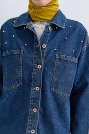 Denim Shirt Jacket with Sparkling Stone Accessories - Indigo
