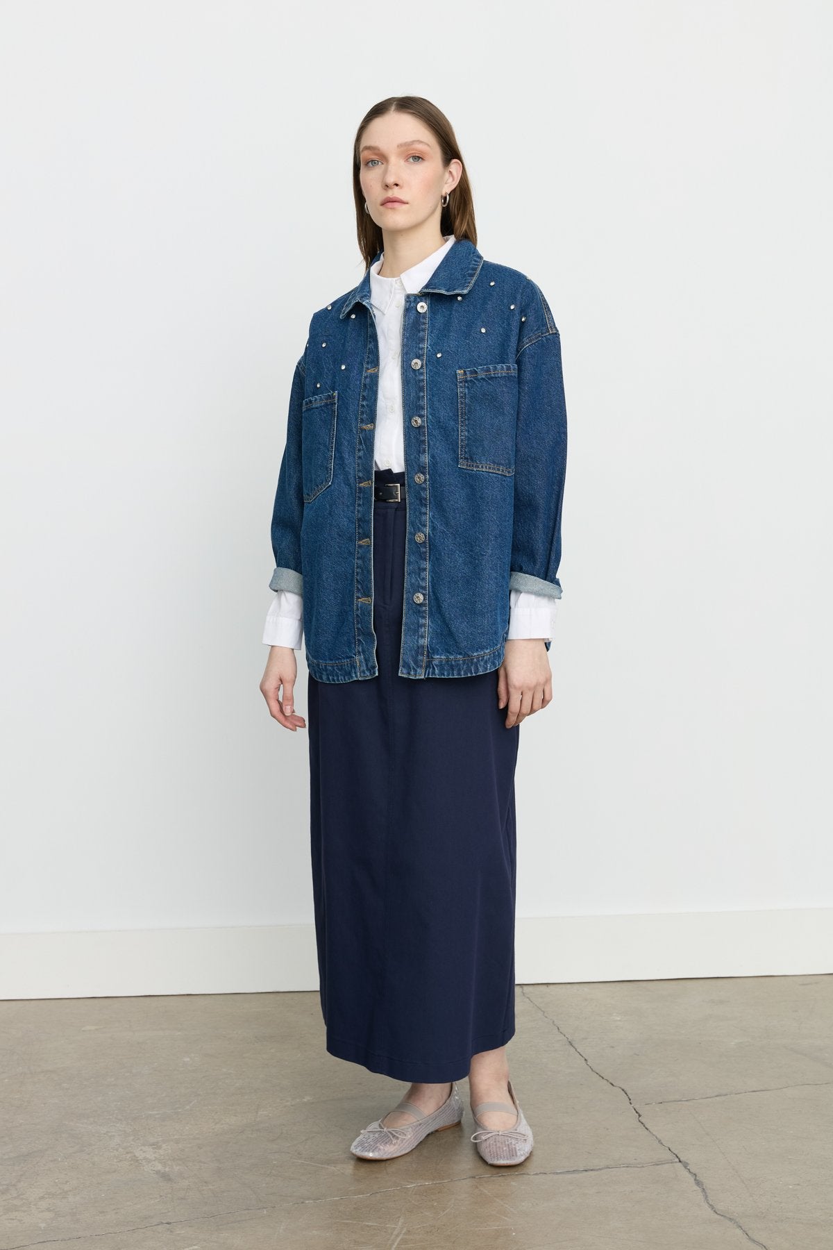 Denim Shirt Jacket with Sparkling Stone Accessories - Indigo