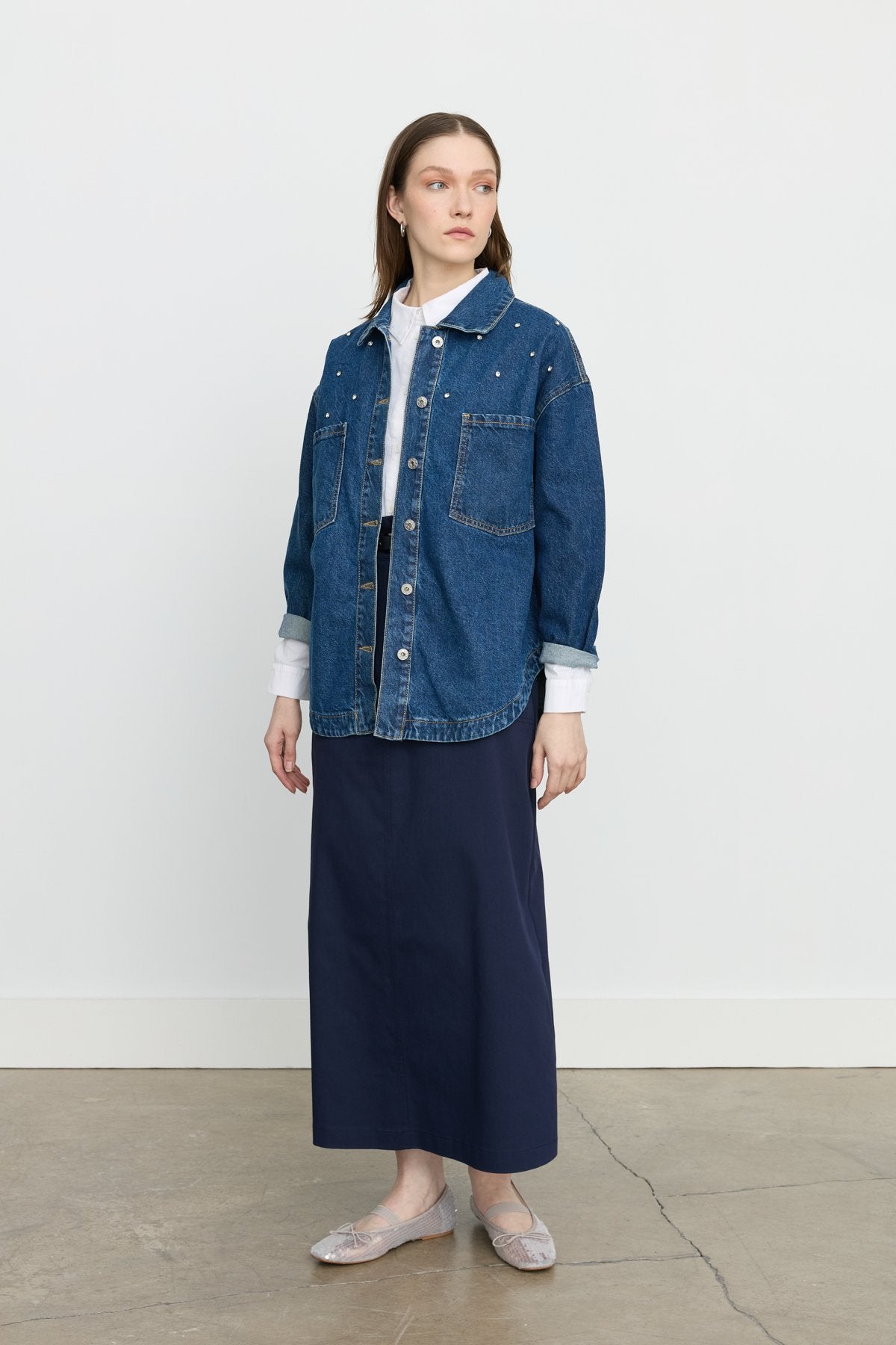 Denim Shirt Jacket with Sparkling Stone Accessories - Indigo