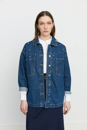 Denim Shirt Jacket with Sparkling Stone Accessories - Indigo