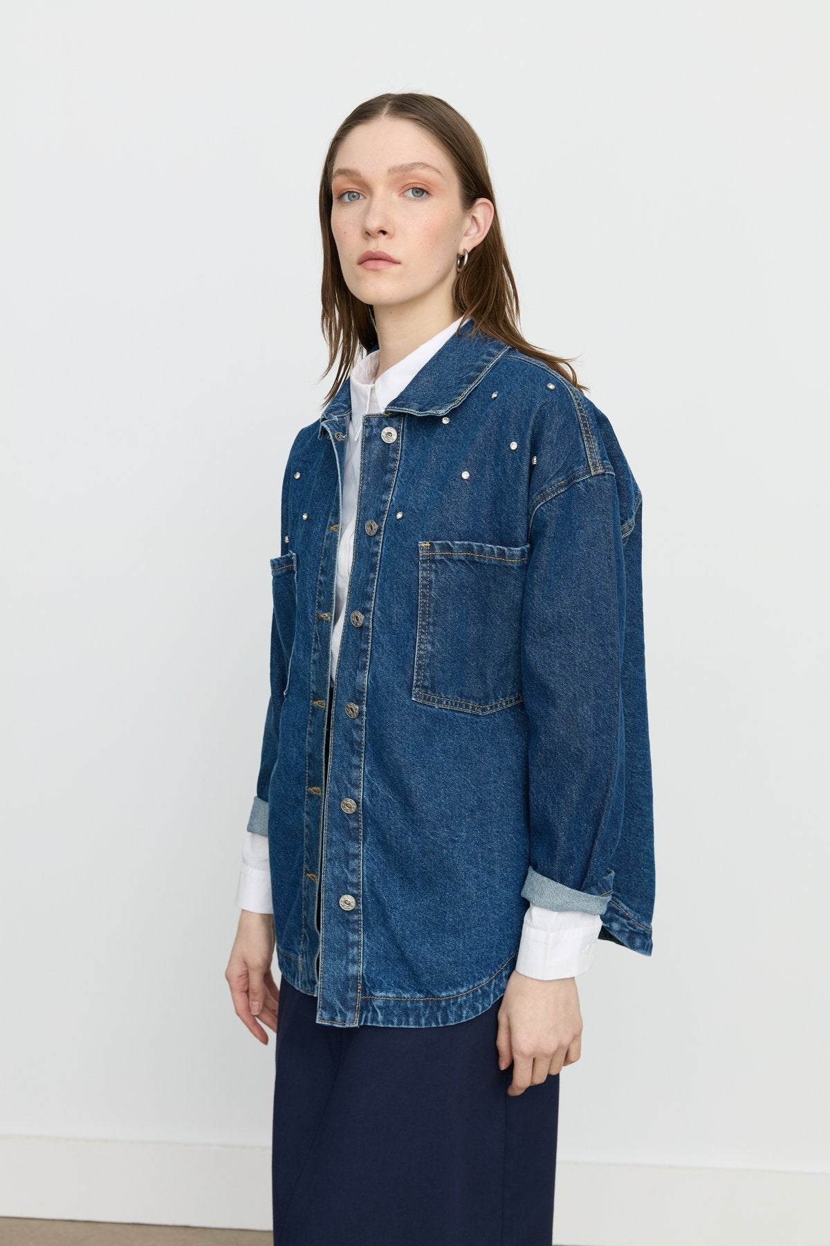 Denim Shirt Jacket with Sparkling Stone Accessories - Indigo