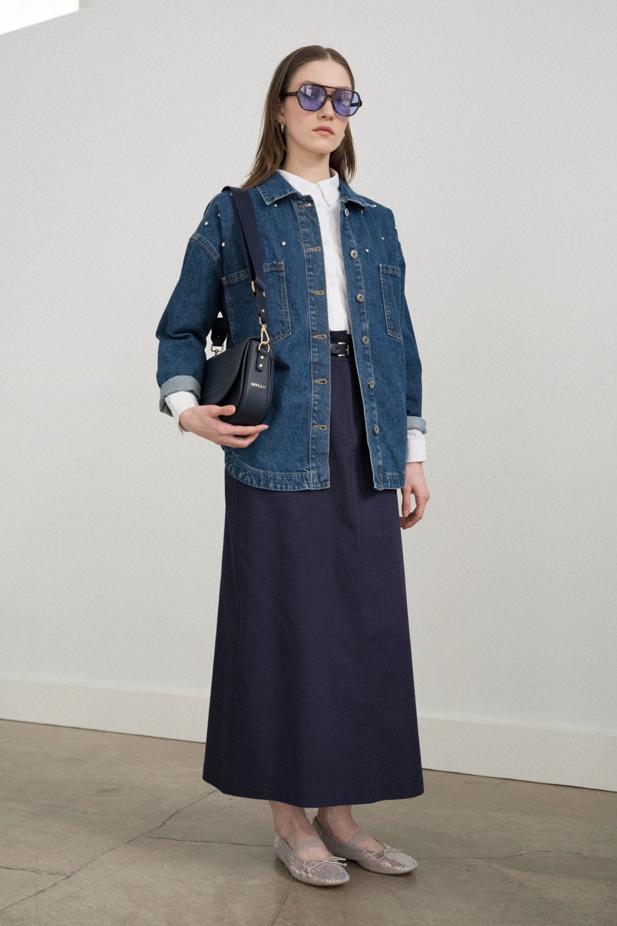 Denim Shirt Jacket with Sparkling Stone Accessories - Indigo