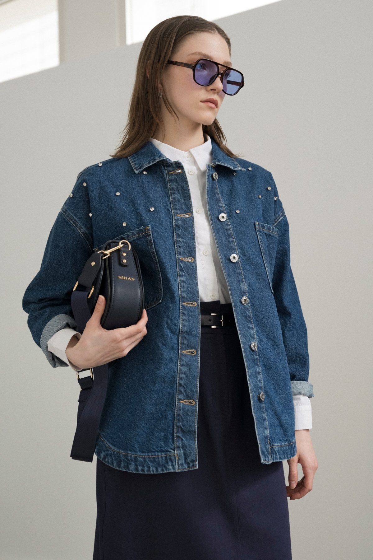 Denim Shirt Jacket with Sparkling Stone Accessories - Indigo