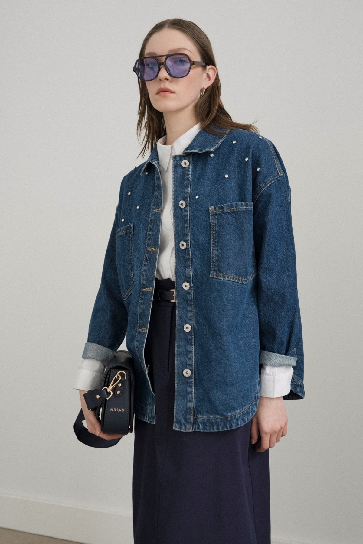 Denim Shirt Jacket with Sparkling Stone Accessories - Indigo