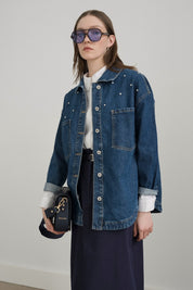 Denim Shirt Jacket with Sparkling Stone Accessories - Indigo