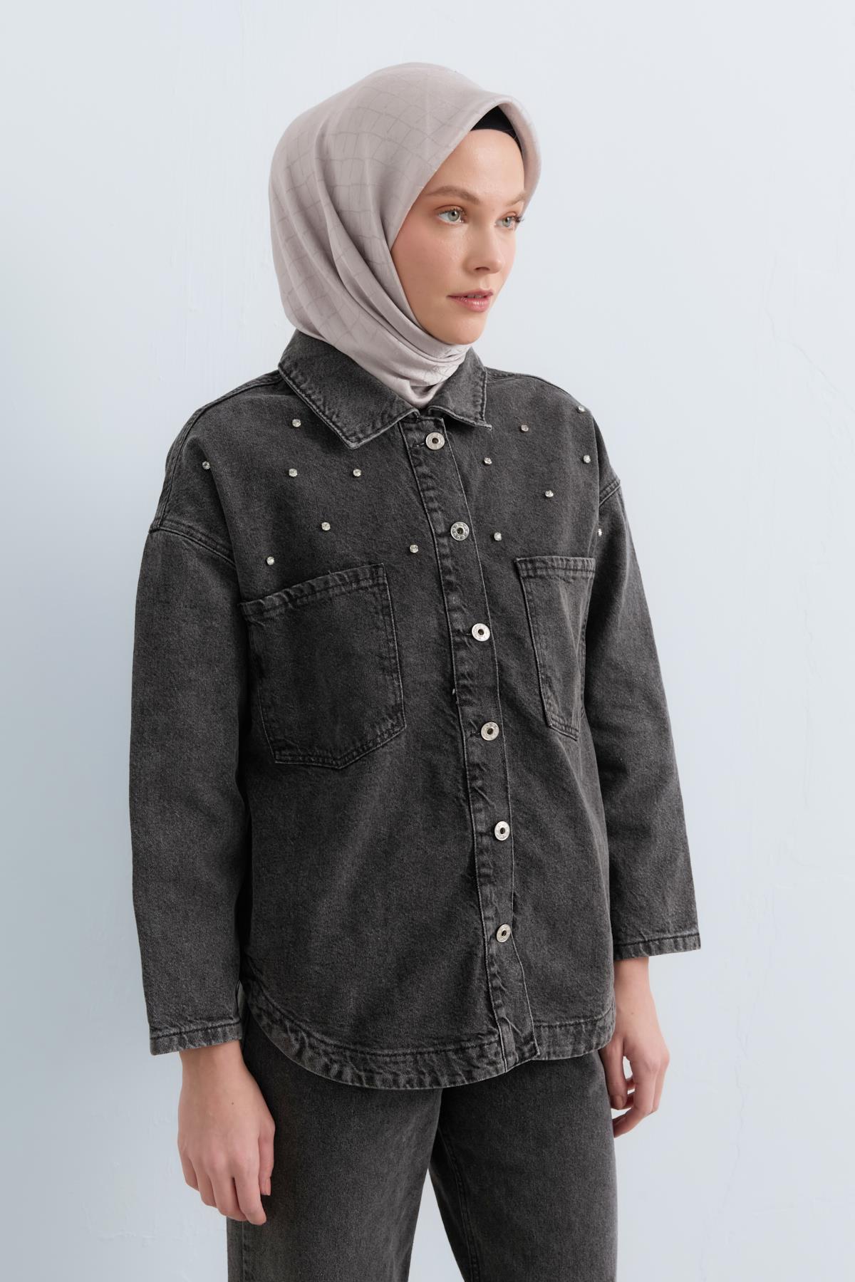 Parlak Taş Aksesuarlı Kot Gömlek Denim Ceket - Siyah