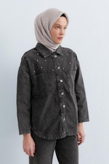 Parlak Taş Aksesuarlı Kot Gömlek Denim Ceket - Siyah