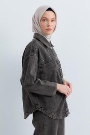 Parlak Taş Aksesuarlı Kot Gömlek Denim Ceket - Siyah