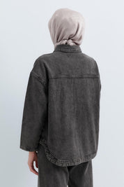 Parlak Taş Aksesuarlı Kot Gömlek Denim Ceket - Siyah