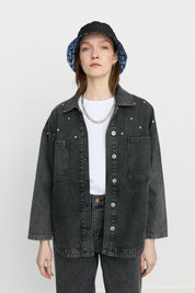 Parlak Taş Aksesuarlı Kot Gömlek Denim Ceket - Siyah