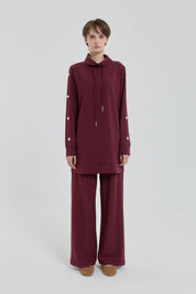 Parlak Taş Detaylı Örme Pantolon Tunik Takım - Bordo
