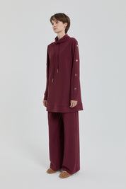Parlak Taş Detaylı Örme Pantolon Tunik Takım - Bordo