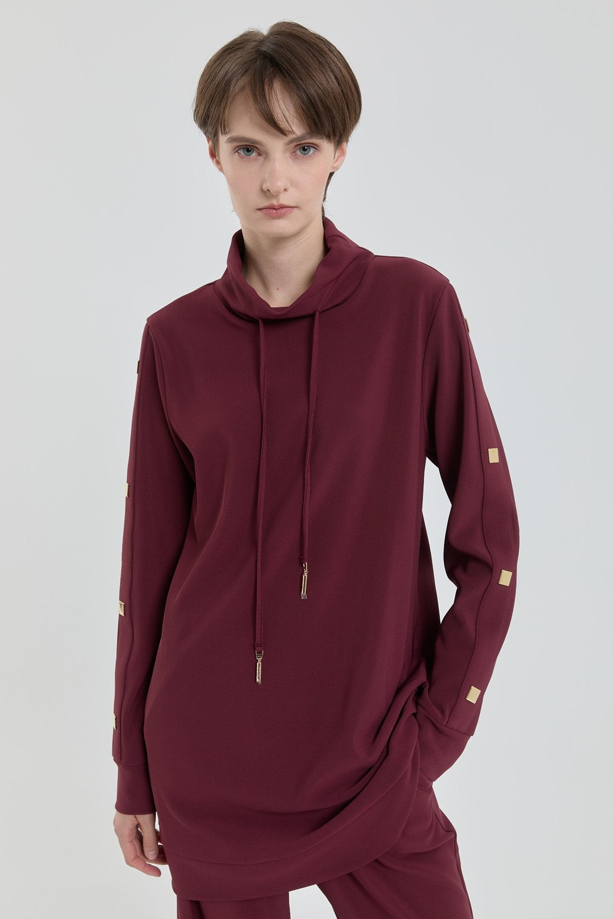 Parlak Taş Detaylı Örme Pantolon Tunik Takım - Bordo