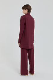 Parlak Taş Detaylı Örme Pantolon Tunik Takım - Bordo