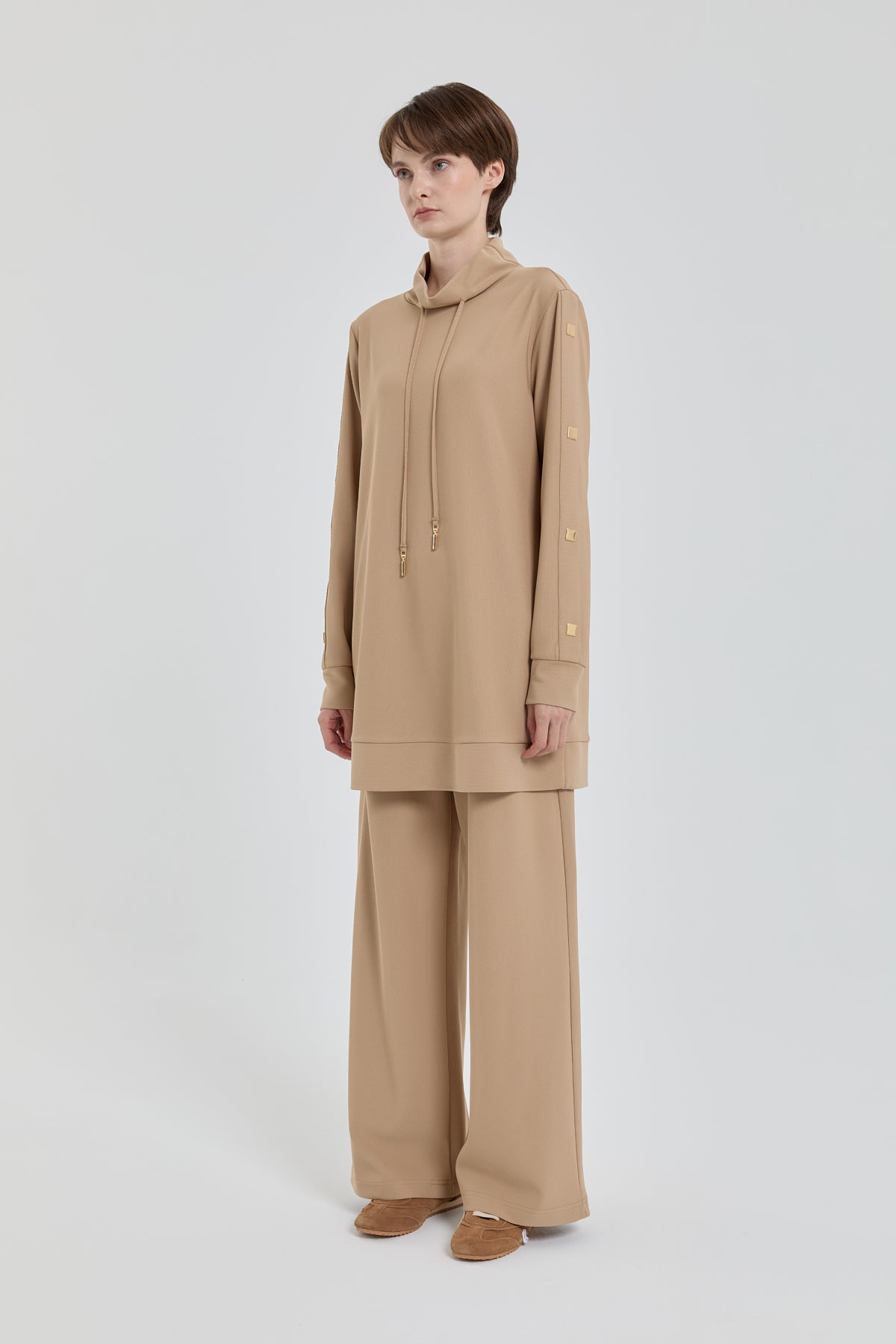 Parlak Taş Detaylı Örme Pantolon Tunik Takım - Camel