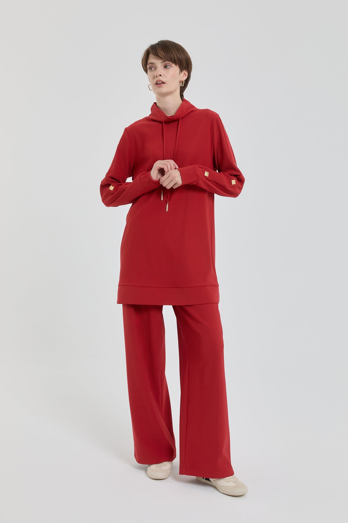 Sparkling Stone Detail Knitted Pants and Tunic Set - Terracotta