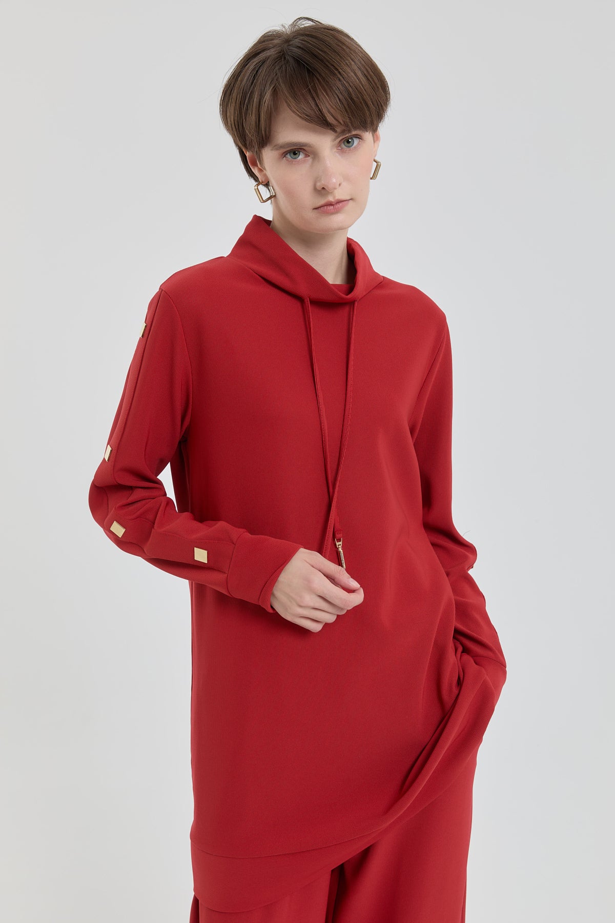 Sparkling Stone Detail Knitted Pants and Tunic Set - Terracotta