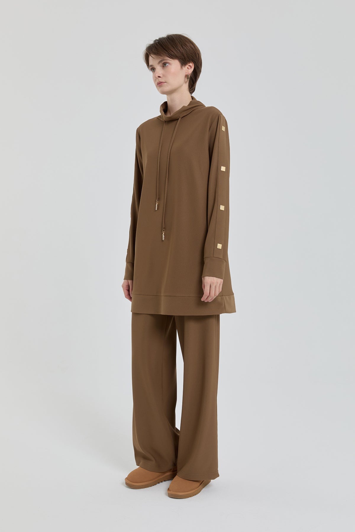 Parlak Taş Detaylı Örme Pantolon Tunik Takım - Olive
