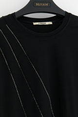 Cotton Blouse with Sparkling Stone Details - Black